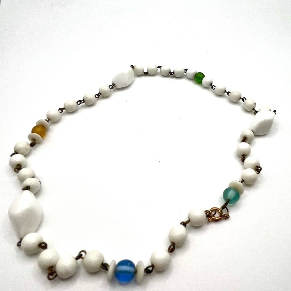Vintage white milk glass bead necklace with colorful frosted beads.
